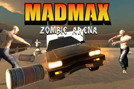 Imagem promocional do jogo "Mad Max Zombie Arena" mostrando um carro preto modificado avançando contra zumbis em uma arena desértica. Barris metálicos estão espalhados no chão enquanto os zumbis se aproximam do veículo. O título do jogo aparece no topo co
